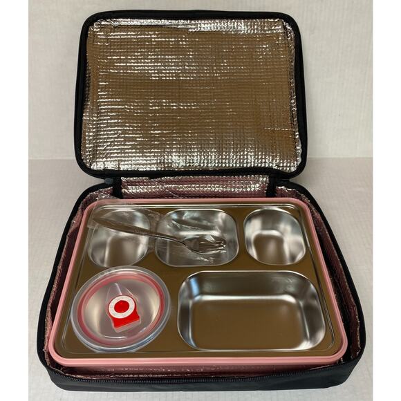 Lunch Bento Box Portable Carrier 5 Compartment Tray Pink Black New 963A - Picture 1 of 5